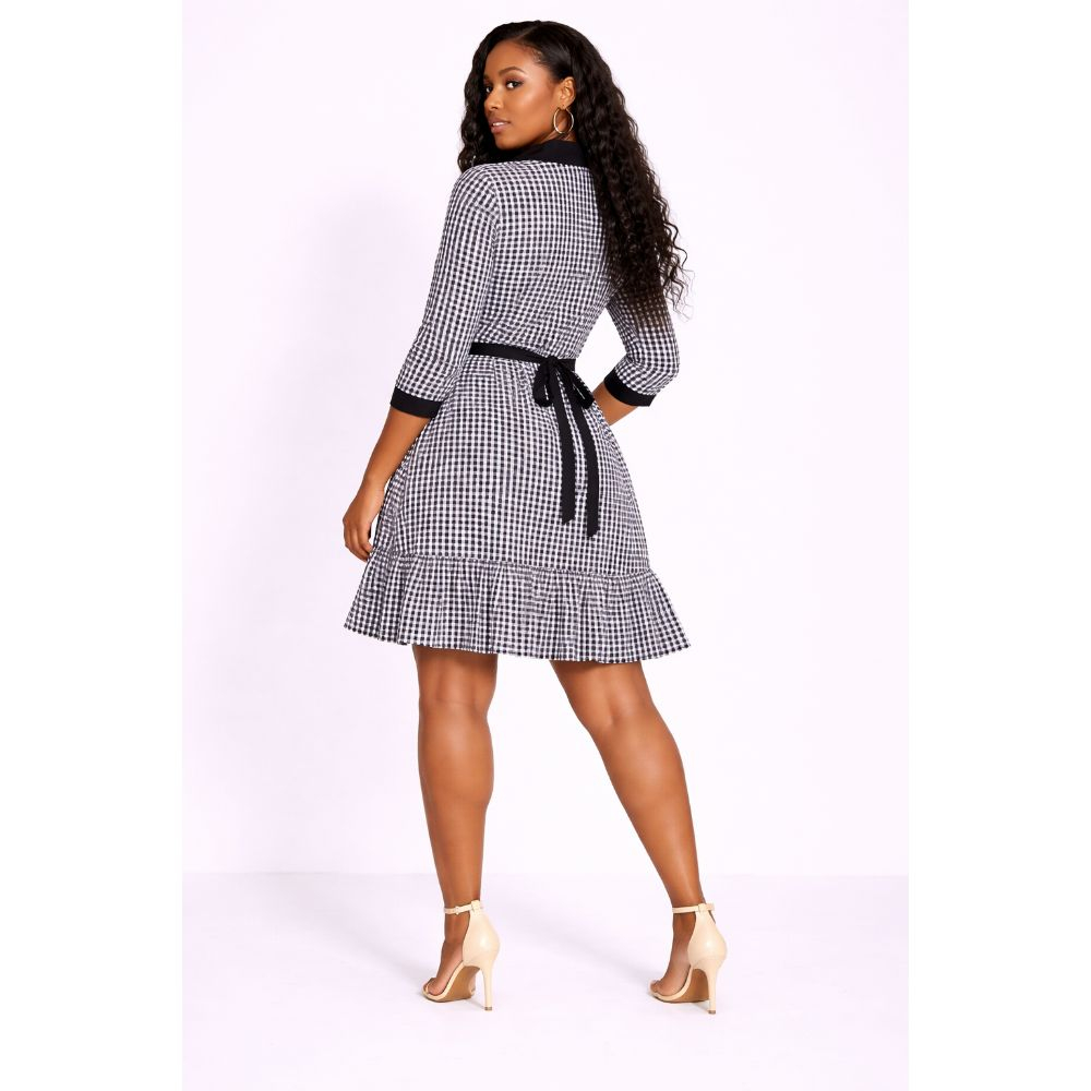 Black and White Patterned Belted Flare Dress